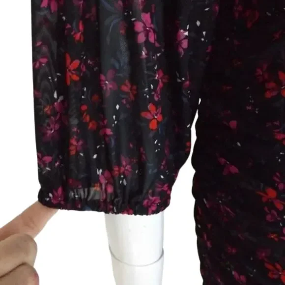 new TORRID Dress, 0/L, Black, Red/Purple Floral, Ruched Skirt, Scoop neck, Meshy - Picture 8 of 16
